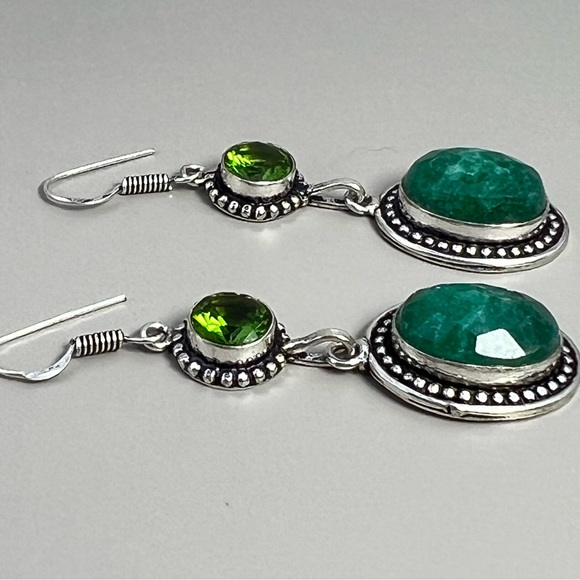 New Faceted Enhanced Green Emerald Stone and Sim Peridot Silver Overlay Earrings - Picture 6 of 7